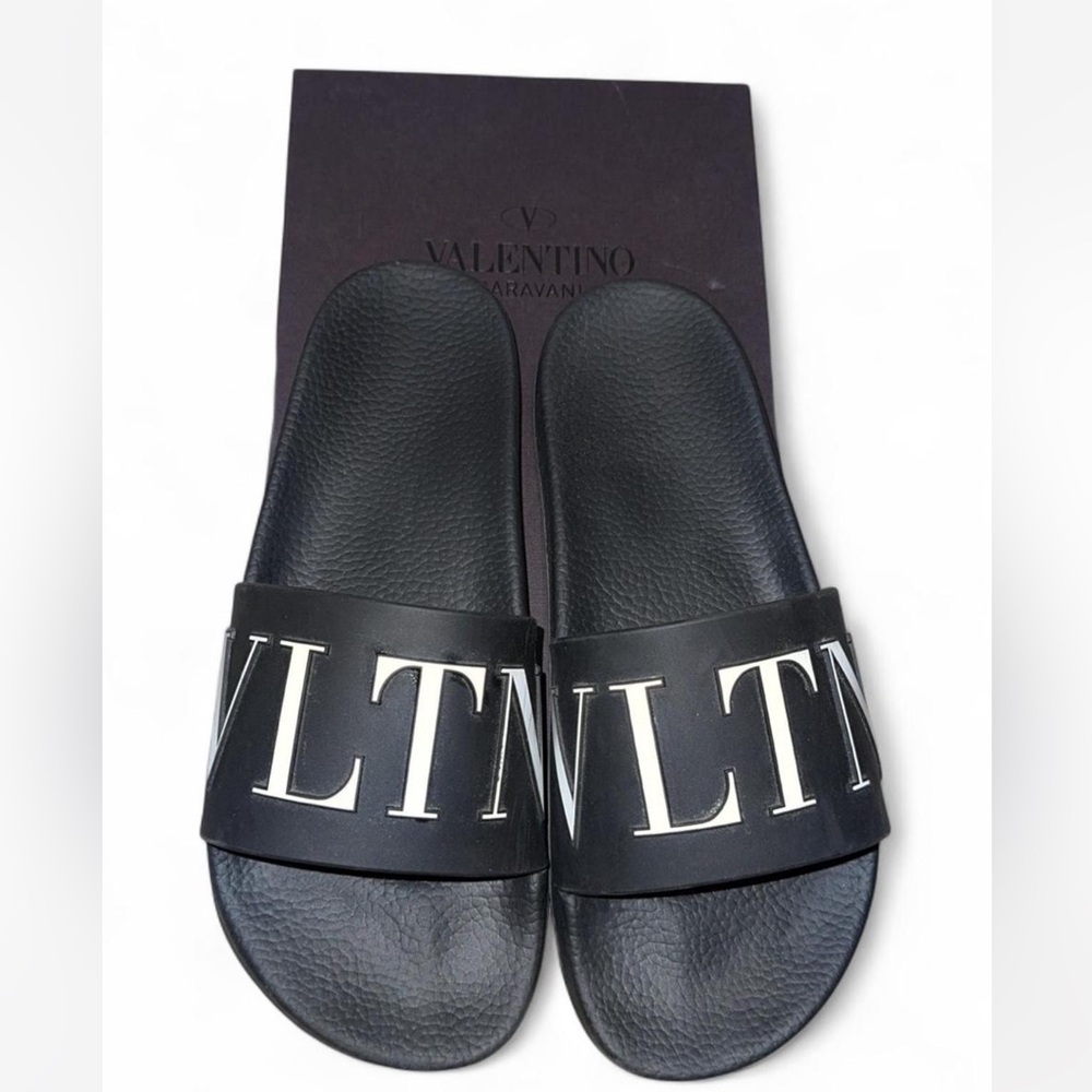 Valentino Black Slide Sandals with VLTN Branding